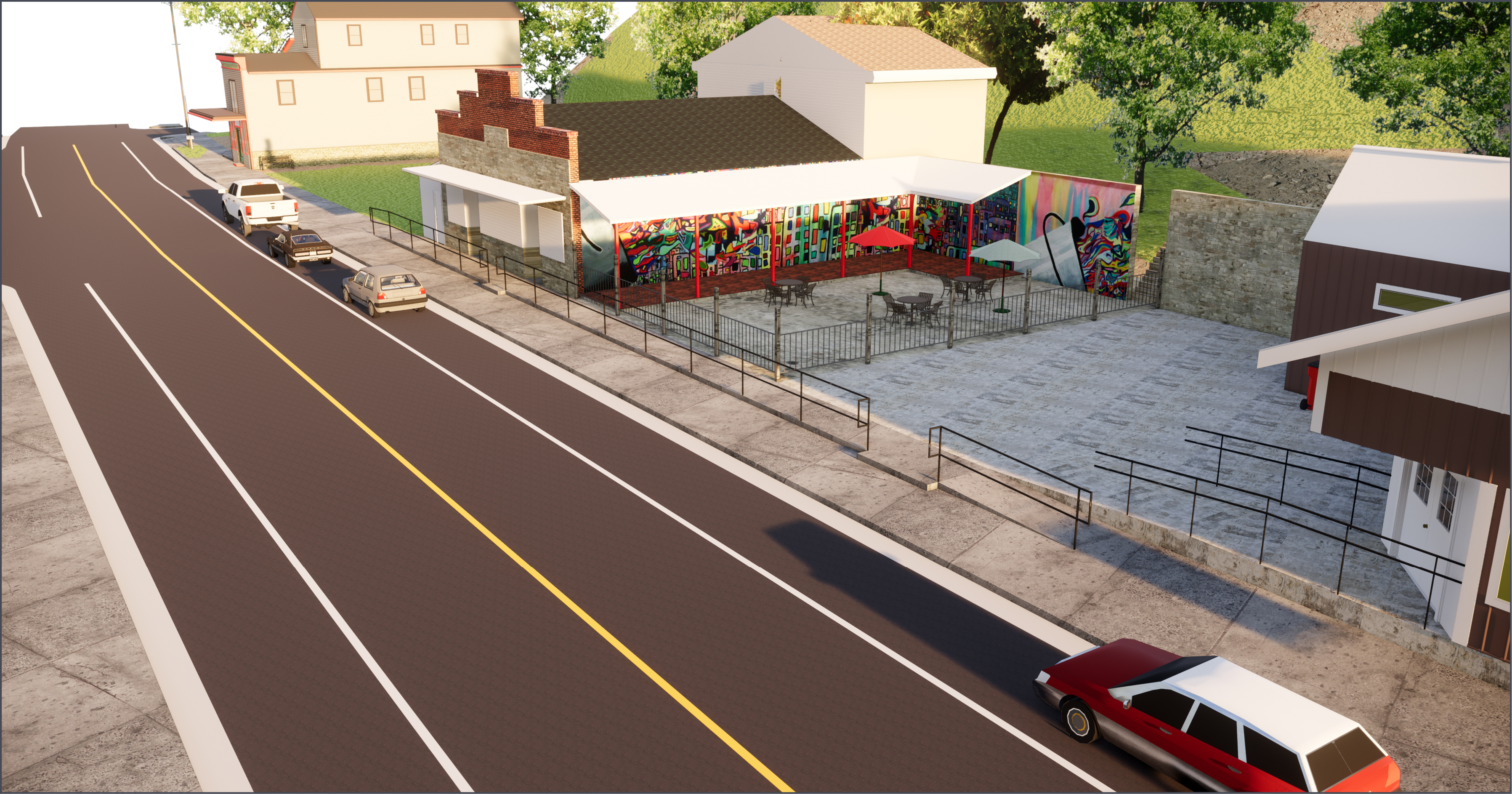 a highway street with buildings on the right side